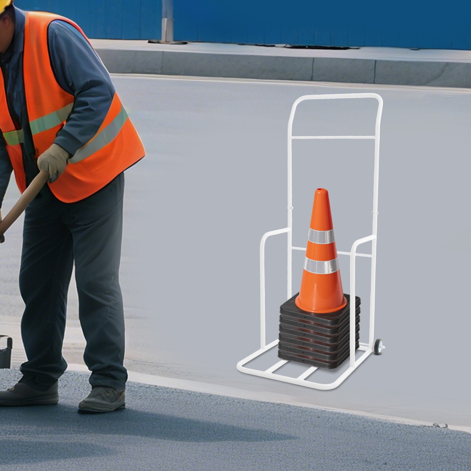 Traffic Cone Cart, White Traffic Cones Holder With Wheels, Iron Traffic Cone Car