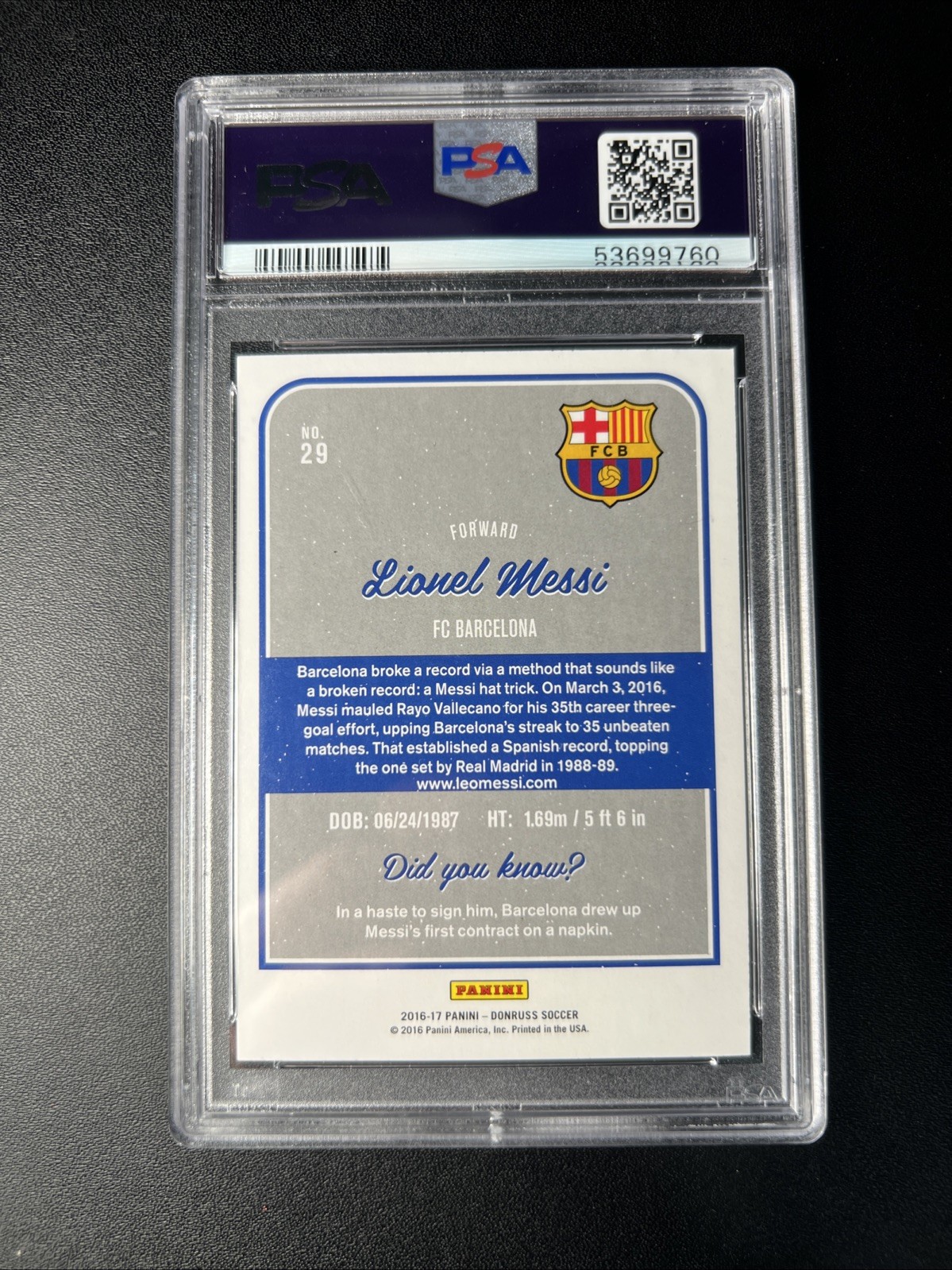 2016 Panini Donruss #29 Lionel Messi Gold PSA 10 FC Barcelona SSP Low Pop view 2