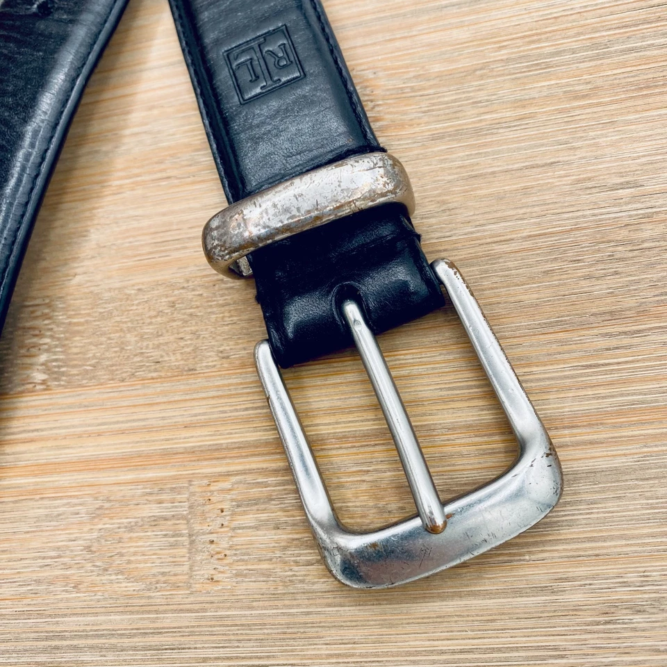 Cinturón vintage Lauren Ralph Lauren para hombre 38 negro grano completo cuero hebilla plateada Foto 3 de 4