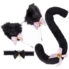 Cat Ears and Tail Set with Bells, 3PCS Cosplay Costume Black