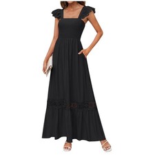 Zesica Black Smocked Crochet Lace Flutter Sleeve Tiered Viscose Dress Large NWT