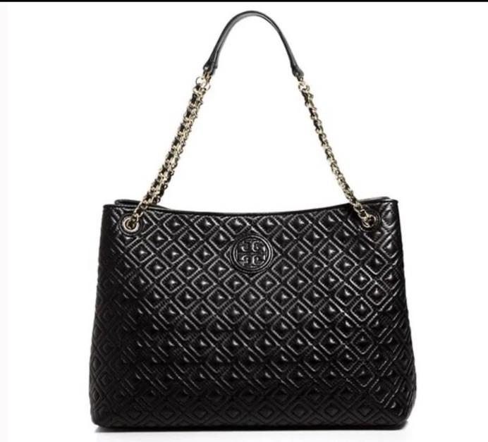 Tory Burch Black Gold Quilted Leather Marion Tote Bag Purse