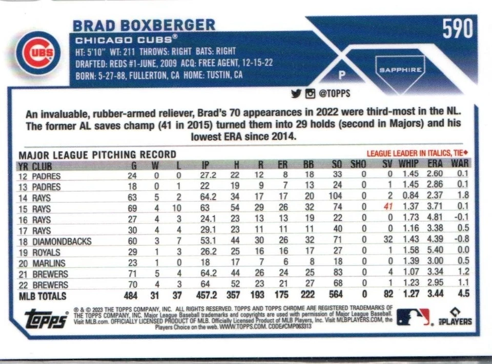 2023 Topps Chrome Sapphire Edition #590 Brad Boxberger - Image 2 of 2