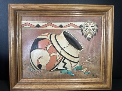 1993 Roger and Marie Kull Southwestern 3D Painted Leather/Turquoise Signed Piece