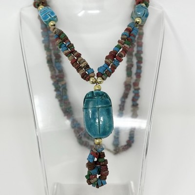 Vintage Egyptian Revival Scarab Necklace Faience Mummy Beads 20 