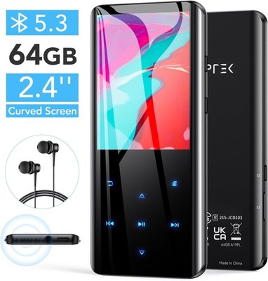 AGPTEK 64GB Bluetooth 5.3 MP3 Music Player 2.4  Curved Screen Built-in Speaker