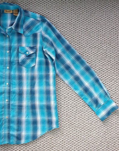 WRANGLER Long Sleeve Dress Shirt Men's Size M Medium Cowboy Green Aqua Plaid - Foto 3 di 15