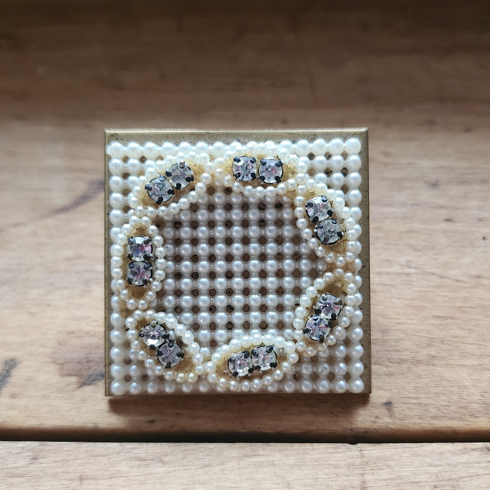 Vintage Wiesner Rhinestone & Faux Pearl Compact Mirror and Lipstick Holder 