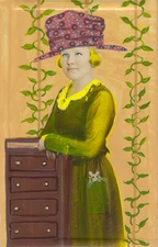 Original Folk Art Painting on Vintage Photograph – Mouse in My Pocket Woman, 3×5