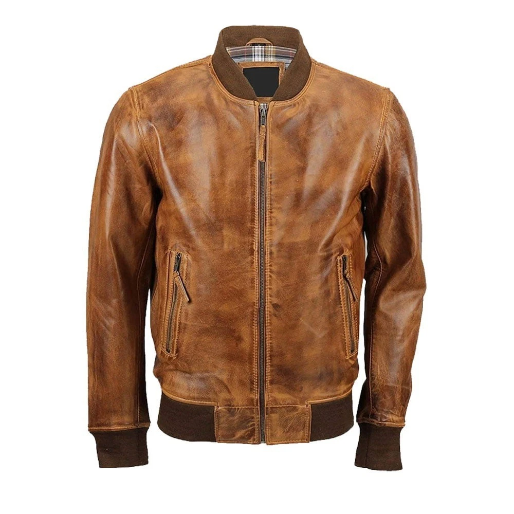 Men's Brown Genuine Leather Bomber Jacket Vintage Distressed Motorcycle Jacket