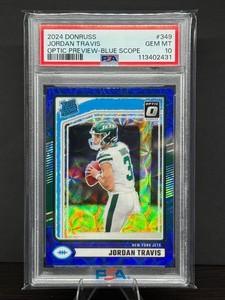 2024 Panini Donruss #349 Jordan Travis Optic Preview blue Scope rookie PSA 10
