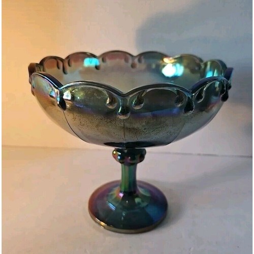 VINTAGE INDIANA GLASS IRIDESCENT BLUE CARNIVAL GLASS PEDESTAL BOWL Scalloped - Picture 3 of 10