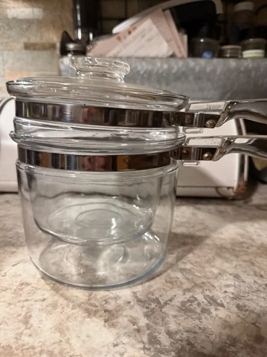 Vintage Pyrex Flameware Glass Double Boiler Stove Top Cooking Pot 6283 1.5/2 qt