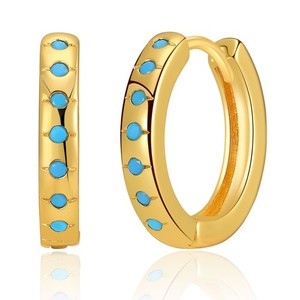 Authentic 18K Gold Plated hoop earrings, round turquoise huggies earrings one pair JWDHJ48