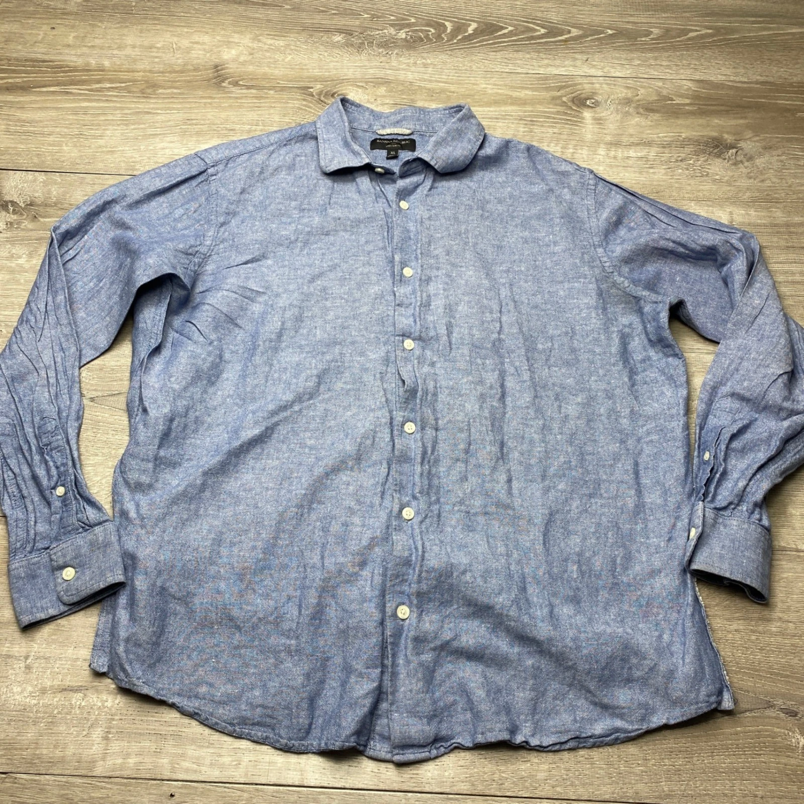 Banana Republic Shirt Linen Slim Fit Mens XL Blue Long Sleeve Button Down