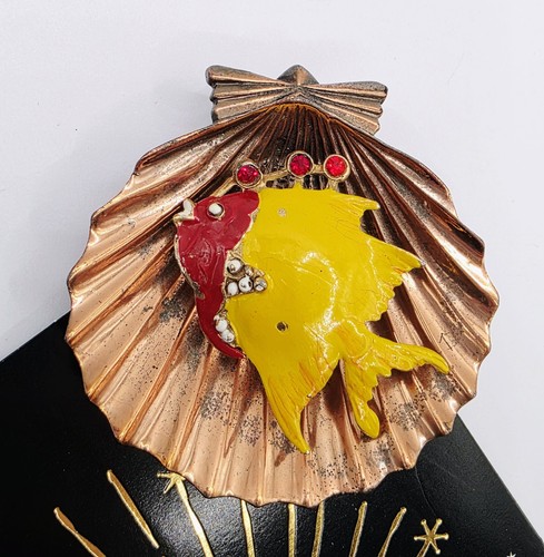 Clip pelliccia retrò vintage grande conchiglia con strass smaltati pesce - Foto 4 di 9