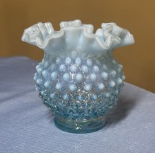 Fenton Blue Opalescent Hobnail Glass Vase with Ruffled Edge 4.5  Vintage