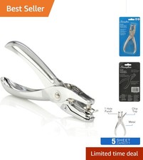 Portable 1 Hole Punch - Silver Chrome, Punches 5 Sheets with Effortless Cleanup