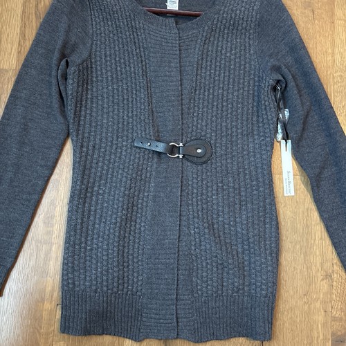 NWT Susan Bristol Cardigan Sweater Gray Merino Wool Blend Sz M Front Buckle - Picture 2 of 12
