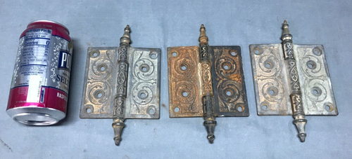 Vintage Set 3 Decorative Door Hinges 4x4 Steeple Point Cast Iron Old 1018-24B - Picture 16 of 16