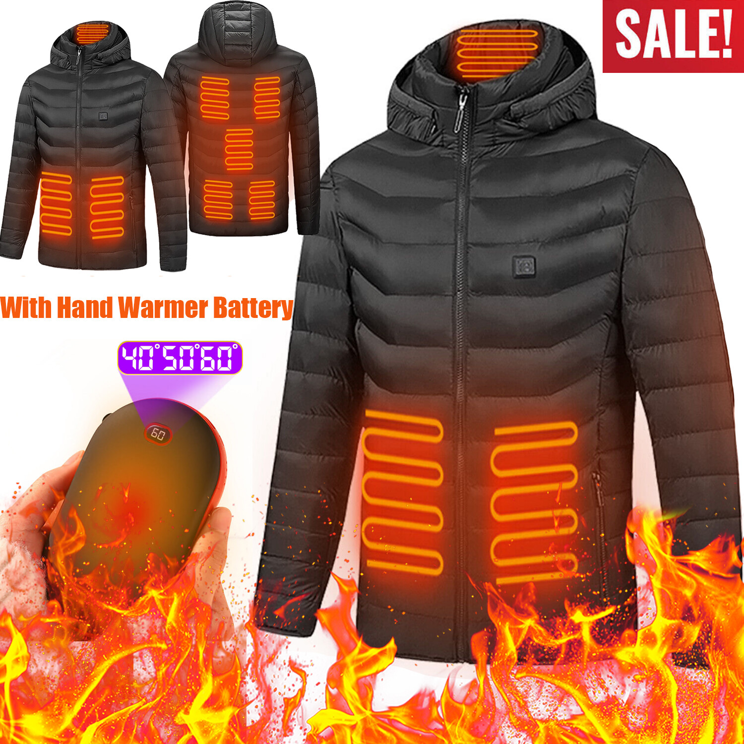 Winter Heated Jacket with Hand Warmer Battery Pack Heating Hooded