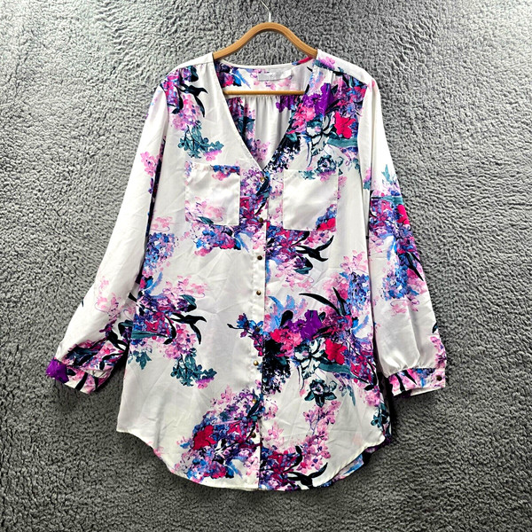 Quirky Circus Womens Shirt Dress Size 12 White Purple Blue Floral Long Sleeve