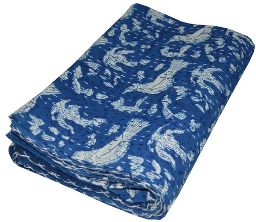 Indigo Blue Hand Block Print Kantha Quilt Cotton Bedspread Blanket All Size Arts - Picture 3 of 5