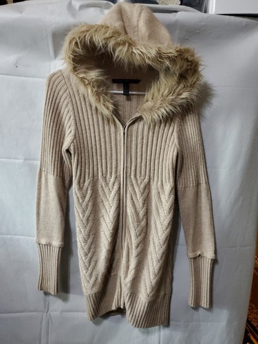 Black Label By Chicos Sz 0 Angora Blend Fur Trimmed Ribbed Knit Hoodie Women S