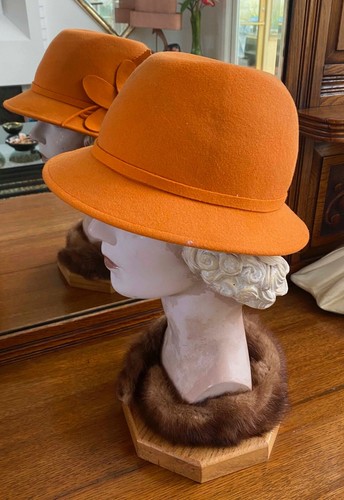 Orange 100% Wool Cloche Bucket Hat with Flower Women Size 22" San Diego Hat Co. - Picture 4 of 9