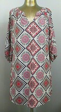 Dina Be Boho Dress Women M Chest 44 3/4 Sleeve V-Neck Geometric Lined 230-24393