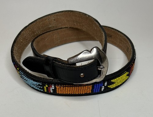 Justin Black Leather Beaded Belt Size 30 Southwestern Native Cowhide Made In USA - Picture 2 of 10