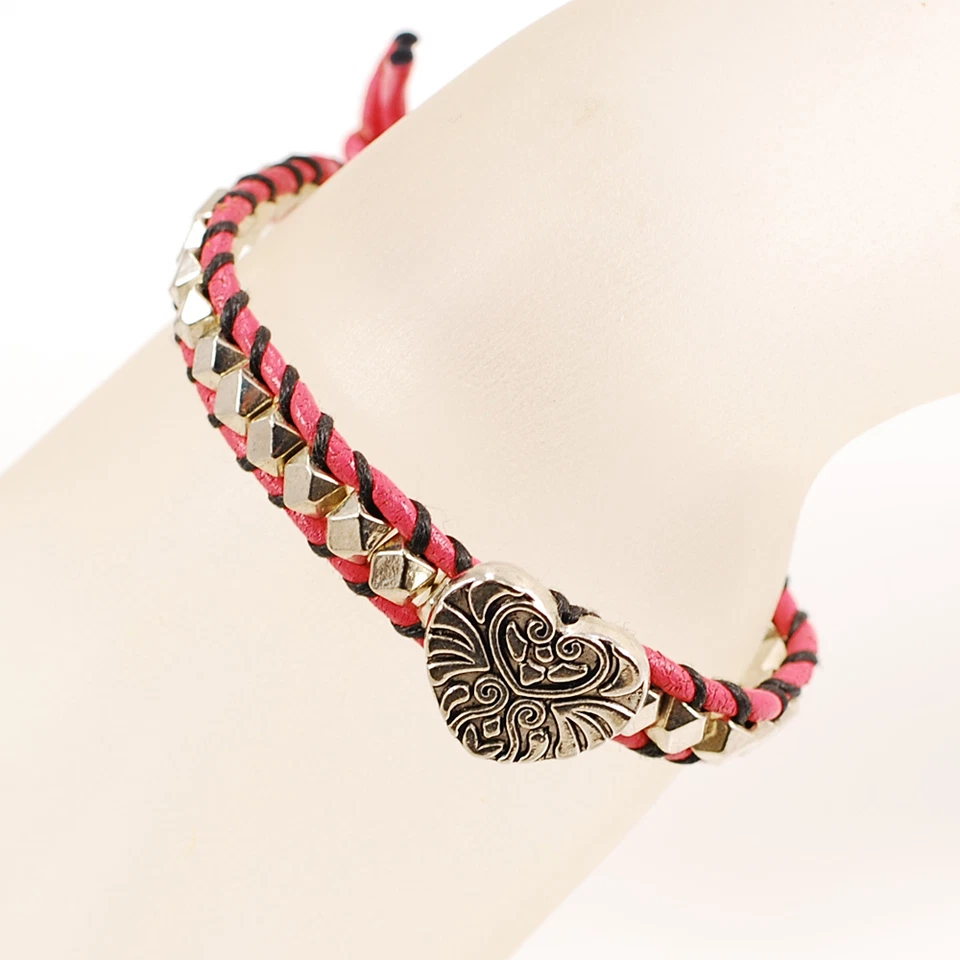 Pulsera Corazón Cuero Rosa y Estaño con Cuentas de Latón Plateado 7" ENVÍO GRATUITO Foto 2 de 2