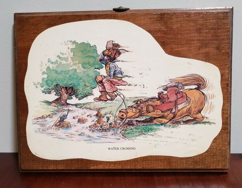 Vintage Funny Wooden Picture "Water Crossing" Cowboy Bucking Horse Ken '77