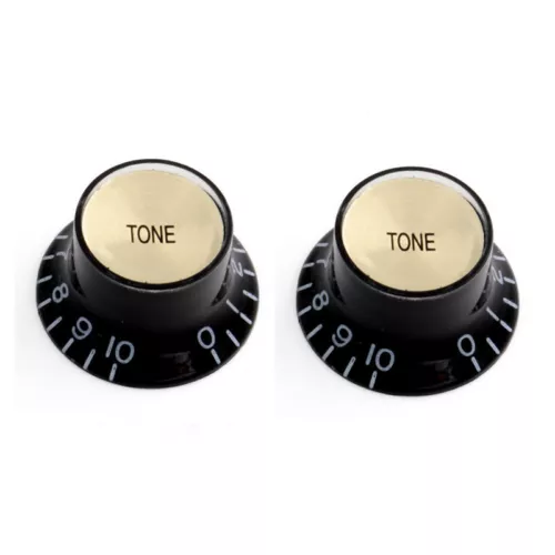 2 Black Gibson Style TopHat Tone Knobs US 24 splines, Gold Reflector Cap