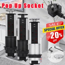 Pull Pop Up Socket Power Strip Tower UK Plug 2USB Kitchen Office Desk Extension