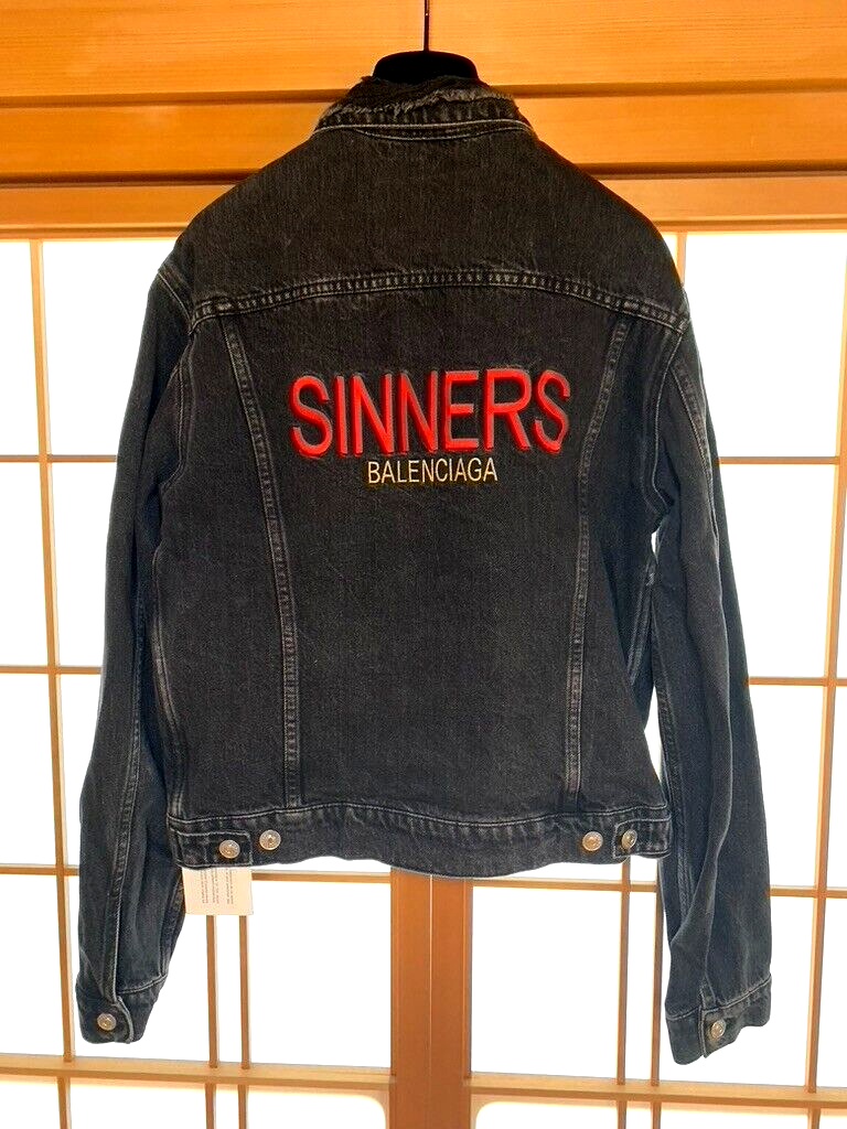 Balenciaga Men Black Denim Jacket Sinners Red Back Logo Tag Balenciaga Men Black Denim Jacket Sinners Red Back Logo Tag