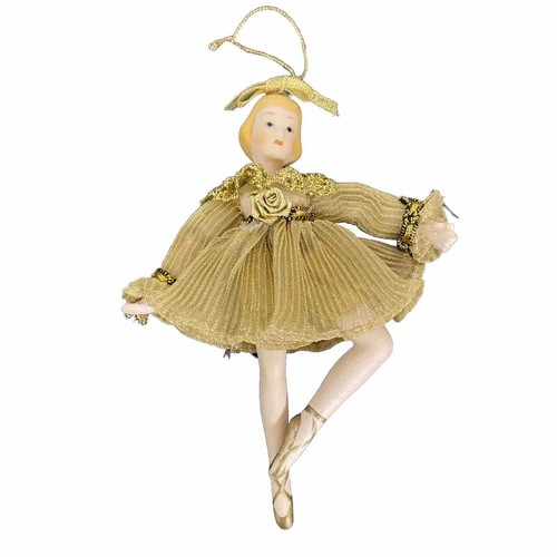"Ballerina blonder Engel Porzellan Gold Tüll hängendes Ornament Puppe Figur 6,25""