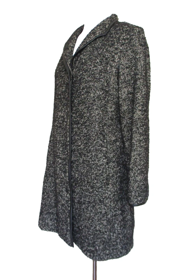 Chaqueta de tweed moteado Eileen Fisher S para mujer negra gris mezcla de lana ribete de cuero Foto 4 de 4