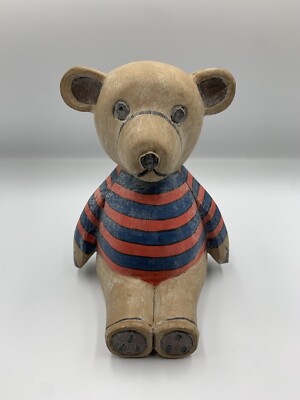 Holz Teddybär Figur Vintage handgeschnitzt gestreift Hemd Volkskunst