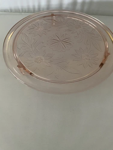 Depression Glass  Footed 10" Cake Plate Jeanette Pink  Sunflower Design Vintage