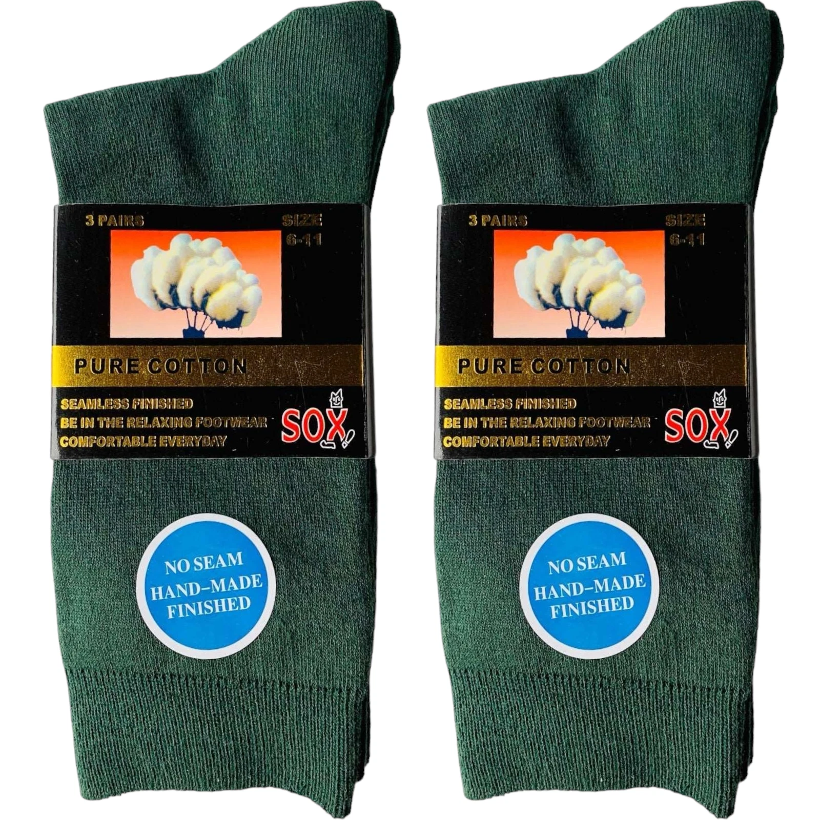 6 Pairs Dark Green Pure Cotton Seamless Crew Socks Office Work Dress Breathable