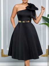 Women's Fashion One Shoulder Bowtie Belt Flared Evening Dress Cocktail Prom 