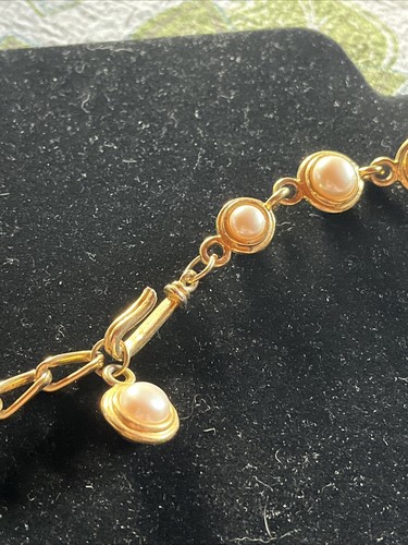 Vintage Designer Gold Tone Bezel Faux Pearl Necklace 17-20” - Picture 3 of 6