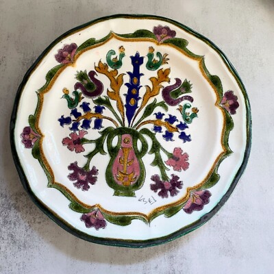 Turkish Rustic Iznik Style Vintage Hand Painted Purple Floral 9'' Wall Plate