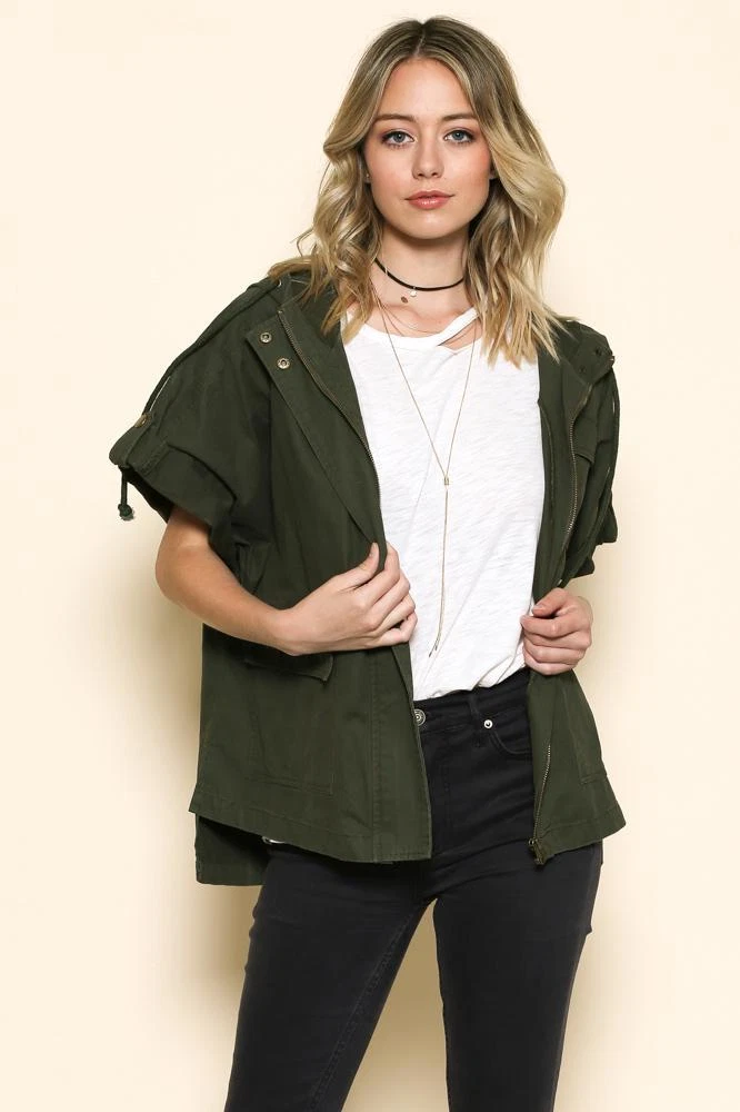 By Together Army Olive Short Sleeve High Low Hoodie Jacket Sizes S M L