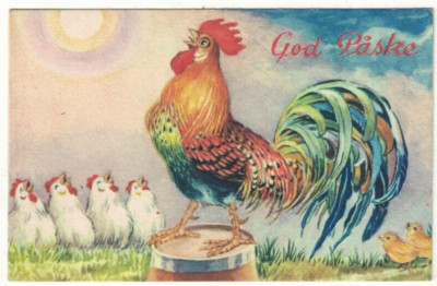 Norwegische Glad Paske Frohe Ostern Postkarte Hahn Huhn und Küken
