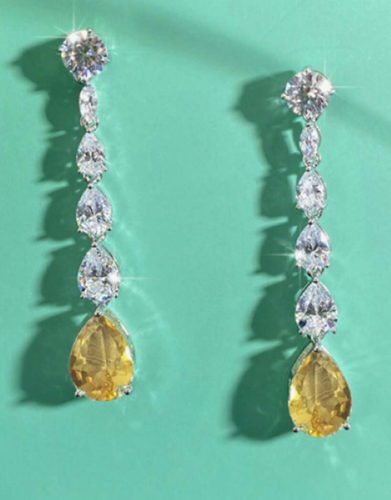 Long Yellow Oblong Rhinestone Earrings Clear Crystal Prom Pageant 2.5 " Drop - Picture 3 of 14
