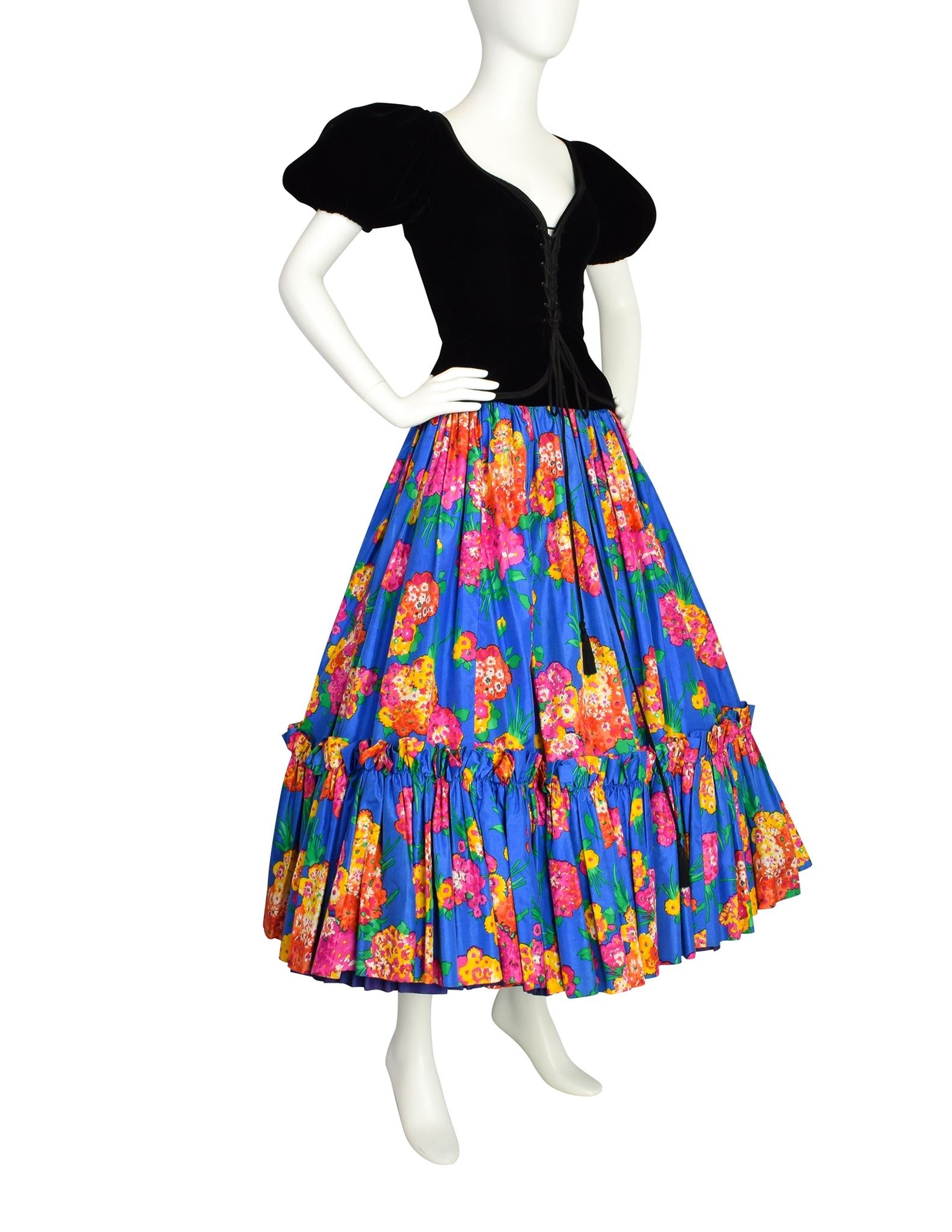 Yves Saint Laurent Vintage Corsetto Velluto Nero Top e Gonna Seta Floreale Blu Se