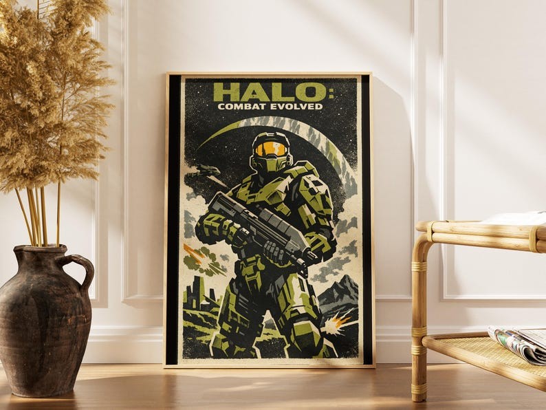 Halo Retro Sci-Fi Game Poster &ndash; Classic Master Chief Wall 