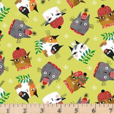 Meowy Christmas Cat Toss Lt Lime 1623440B Cotton Fabric half yd contious cut